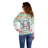 Iran Christmas Off Shoulder Sweater with Santa Taking Photos Ancient Columns and Snowflake Gift Pattern - Wonder Print Shop