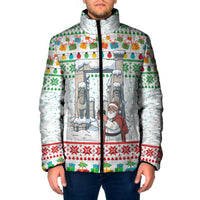 Iran Christmas Padded Jacket with Santa Taking Photos Ancient Columns and Snowflake Gift Pattern - Wonder Print Shop
