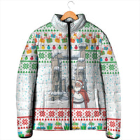Iran Christmas Padded Jacket with Santa Taking Photos Ancient Columns and Snowflake Gift Pattern - Wonder Print Shop