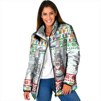 Iran Christmas Padded Jacket with Santa Taking Photos Ancient Columns and Snowflake Gift Pattern - Wonder Print Shop