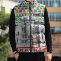 Iran Christmas Sleeveless Puffer Jacket with Santa Taking Photos Ancient Columns and Snowflake Gift Pattern - Wonder Print Shop