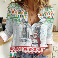 Iran Christmas Women Casual Shirt with Santa Taking Photos Ancient Columns and Snowflake Gift Pattern - Wonder Print Shop