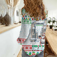 Iran Christmas Women Casual Shirt with Santa Taking Photos Ancient Columns and Snowflake Gift Pattern - Wonder Print Shop