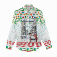 Iran Christmas Women Casual Shirt with Santa Taking Photos Ancient Columns and Snowflake Gift Pattern - Wonder Print Shop