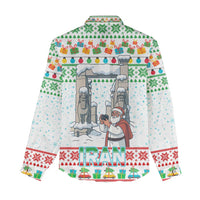 Iran Christmas Women Casual Shirt with Santa Taking Photos Ancient Columns and Snowflake Gift Pattern - Wonder Print Shop