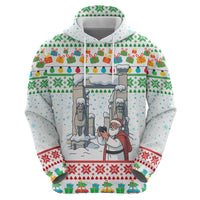 Iran Christmas Zip Hoodie with Santa Taking Photos Ancient Columns and Snowflake Gift Pattern - Wonder Print Shop