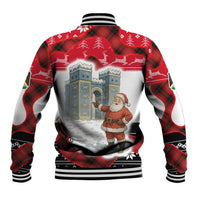 Iraq Christmas Baseball Jacket with Santa Ishtar Gate Red Plaid and Snowflake Reindeer Pattern - Wonder Print Shop