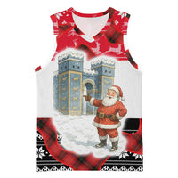 Iraq Christmas Basketball Jersey with Santa Ishtar Gate Red Plaid and Snowflake Reindeer Pattern - Wonder Print Shop