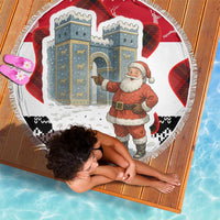 Iraq Christmas Beach Blanket with Santa Ishtar Gate Red Plaid and Snowflake Reindeer Pattern - Wonder Print Shop