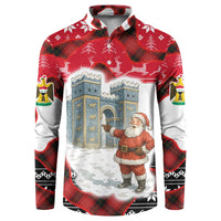 Iraq Christmas Button Sweatshirt with Santa Ishtar Gate Red Plaid and Snowflake Reindeer Pattern - Wonder Print Shop