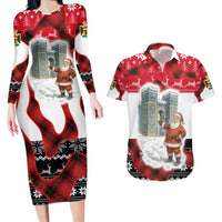 Iraq Christmas Couples Matching Long Sleeve Bodycon Dress and Hawaiian Shirt with Santa Ishtar Gate Red Plaid and Snowflake Reindeer Pattern - Wonder Print Shop