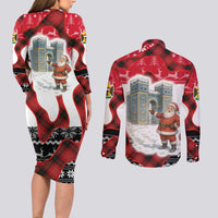 Iraq Christmas Couples Matching Long Sleeve Bodycon Dress and Long Sleeve Button Shirt with Santa Ishtar Gate Red Plaid and Snowflake Reindeer Pattern - Wonder Print Shop