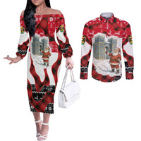 Iraq Christmas Couples Matching Off The Shoulder Long Sleeve Dress and Long Sleeve Button Shirt with Santa Ishtar Gate Red Plaid and Snowflake Reindeer Pattern - Wonder Print Shop