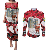 Iraq Christmas Couples Matching Puletasi and Long Sleeve Button Shirt with Santa Ishtar Gate Red Plaid and Snowflake Reindeer Pattern - Wonder Print Shop