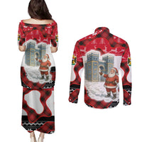 Iraq Christmas Couples Matching Puletasi and Long Sleeve Button Shirt with Santa Ishtar Gate Red Plaid and Snowflake Reindeer Pattern - Wonder Print Shop