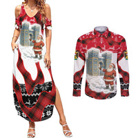 Iraq Christmas Couples Matching Summer Maxi Dress and Long Sleeve Button Shirt with Santa Ishtar Gate Red Plaid and Snowflake Reindeer Pattern - Wonder Print Shop