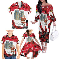 Iraq Christmas Family Matching Off The Shoulder Long Sleeve Dress and Hawaiian Shirt with Santa Ishtar Gate Red Plaid and Snowflake Reindeer Pattern - Wonder Print Shop
