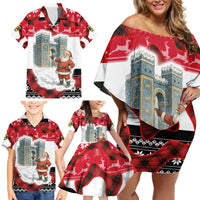 Iraq Christmas Family Matching Off Shoulder Short Dress and Hawaiian Shirt with Santa Ishtar Gate Red Plaid and Snowflake Reindeer Pattern - Wonder Print Shop