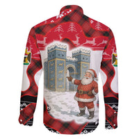 Iraq Christmas Family Matching Off Shoulder Short Dress and Hawaiian Shirt with Santa Ishtar Gate Red Plaid and Snowflake Reindeer Pattern - Wonder Print Shop
