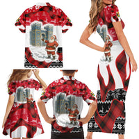 Iraq Christmas Family Matching Short Sleeve Bodycon Dress and Hawaiian Shirt with Santa Ishtar Gate Red Plaid and Snowflake Reindeer Pattern - Wonder Print Shop