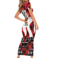 Iraq Christmas Family Matching Short Sleeve Bodycon Dress and Hawaiian Shirt with Santa Ishtar Gate Red Plaid and Snowflake Reindeer Pattern - Wonder Print Shop