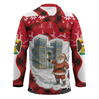 Iraq Christmas Hockey Jersey with Santa Ishtar Gate Red Plaid and Snowflake Reindeer Pattern - Wonder Print Shop