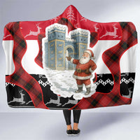 Iraq Christmas Hooded Blanket with Santa Ishtar Gate Red Plaid and Snowflake Reindeer Pattern - Wonder Print Shop