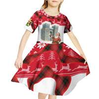 Iraq Christmas Kid Short Sleeve Dress with Santa Ishtar Gate Red Plaid and Snowflake Reindeer Pattern - Wonder Print Shop