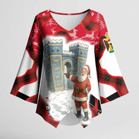 Iraq Christmas Kimono Sleeve Blouse with Santa Ishtar Gate Red Plaid and Snowflake Reindeer Pattern - Wonder Print Shop