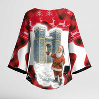 Iraq Christmas Kimono Sleeve Blouse with Santa Ishtar Gate Red Plaid and Snowflake Reindeer Pattern - Wonder Print Shop