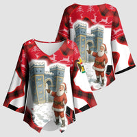 Iraq Christmas Kimono Sleeve Blouse with Santa Ishtar Gate Red Plaid and Snowflake Reindeer Pattern - Wonder Print Shop