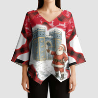 Iraq Christmas Kimono Sleeve Blouse with Santa Ishtar Gate Red Plaid and Snowflake Reindeer Pattern - Wonder Print Shop