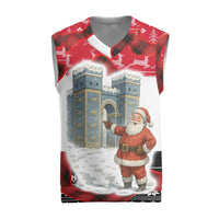 Iraq Christmas Knitted V-Neck Vest with Santa Ishtar Gate Red Plaid and Snowflake Reindeer Pattern - Wonder Print Shop
