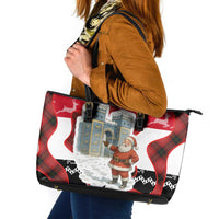 Iraq Christmas Leather Tote Bag with Santa Ishtar Gate Red Plaid and Snowflake Reindeer Pattern - Wonder Print Shop