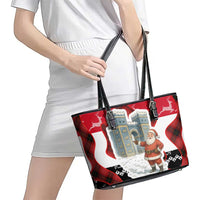 Iraq Christmas Leather Tote Bag with Santa Ishtar Gate Red Plaid and Snowflake Reindeer Pattern - Wonder Print Shop