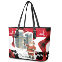 Iraq Christmas Leather Tote Bag with Santa Ishtar Gate Red Plaid and Snowflake Reindeer Pattern - Wonder Print Shop