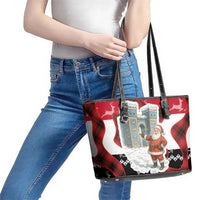Iraq Christmas Leather Tote Bag with Santa Ishtar Gate Red Plaid and Snowflake Reindeer Pattern - Wonder Print Shop