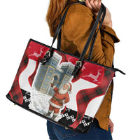 Iraq Christmas Leather Tote Bag with Santa Ishtar Gate Red Plaid and Snowflake Reindeer Pattern - Wonder Print Shop