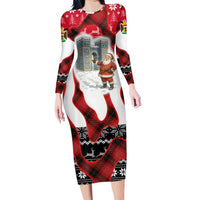 Iraq Christmas Long Sleeve Bodycon Dress with Santa Ishtar Gate Red Plaid and Snowflake Reindeer Pattern - Wonder Print Shop