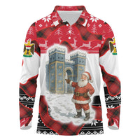 Iraq Christmas Long Sleeve Polo Shirt with Santa Ishtar Gate Red Plaid and Snowflake Reindeer Pattern - Wonder Print Shop