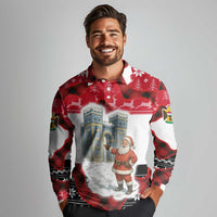 Iraq Christmas Long Sleeve Polo Shirt with Santa Ishtar Gate Red Plaid and Snowflake Reindeer Pattern - Wonder Print Shop