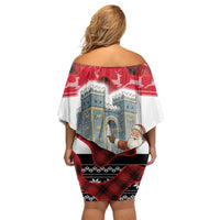Iraq Christmas Off Shoulder Short Dress with Santa Ishtar Gate Red Plaid and Snowflake Reindeer Pattern - Wonder Print Shop