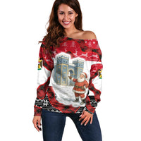 Iraq Christmas Off Shoulder Sweater with Santa Ishtar Gate Red Plaid and Snowflake Reindeer Pattern - Wonder Print Shop
