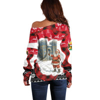 Iraq Christmas Off Shoulder Sweater with Santa Ishtar Gate Red Plaid and Snowflake Reindeer Pattern - Wonder Print Shop