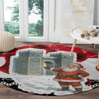 Iraq Christmas Round Carpet with Santa Ishtar Gate Red Plaid and Snowflake Reindeer Pattern - Wonder Print Shop