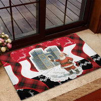 Iraq Christmas Rubber Doormat with Santa Ishtar Gate Red Plaid and Snowflake Reindeer Pattern - Wonder Print Shop