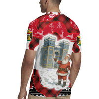 Iraq Christmas Rugby Jersey with Santa Ishtar Gate Red Plaid and Snowflake Reindeer Pattern - Wonder Print Shop
