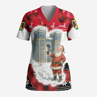 Iraq Christmas Scrub Top with Santa Ishtar Gate Red Plaid and Snowflake Reindeer Pattern - Wonder Print Shop