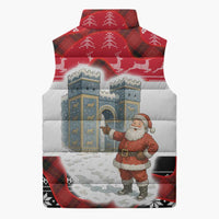 Iraq Christmas Sleeveless Puffer Jacket with Santa Ishtar Gate Red Plaid and Snowflake Reindeer Pattern - Wonder Print Shop