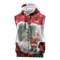 Iraq Christmas Sleeveless Zip Hoodie with Santa Ishtar Gate Red Plaid and Snowflake Reindeer Pattern - Wonder Print Shop